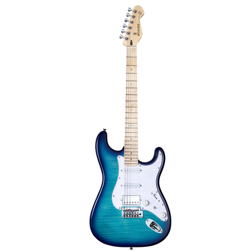 Mooer MSC30 Electric Guitar Lake Blue with Flame Maple Top, Maple Fingerboard, H-S-S Pickup Configuration, and 2-Point Tremolo Bridge