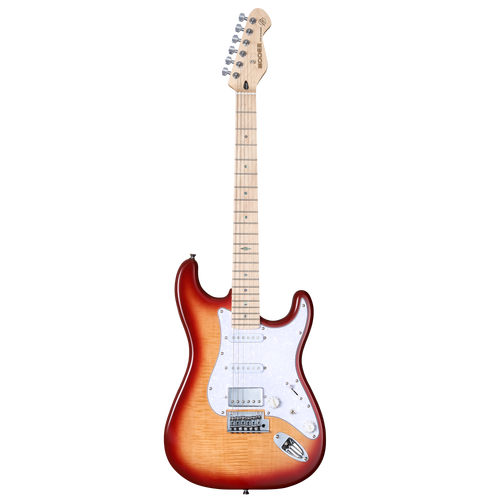 MOOER MSC30 Electric Guitar Sunset Red with Flame Maple Top, H-S-S Pickups, 2-Point Tremolo, and Includes MOOER Bag