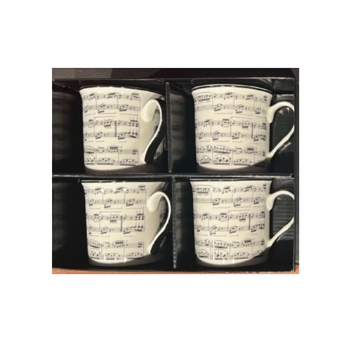 Set of Four White Fine Bone China Mugs with Fur Elise Manuscript in Gift Box