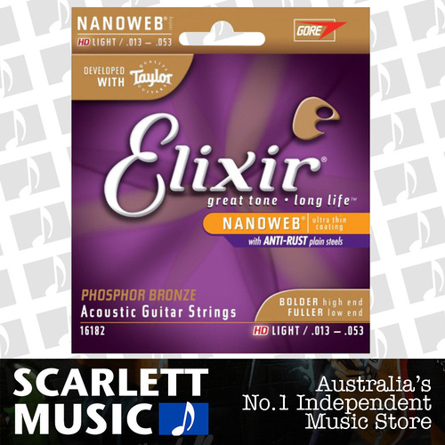 Elixir 16182 Nanoweb HD Light Phosphor Bronze Acoustic Guitar Strings 13-53