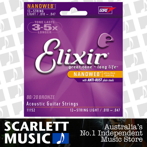 Elixir 11152 Acoustic 12-String Guitar Strings Nanoweb Light 10-47