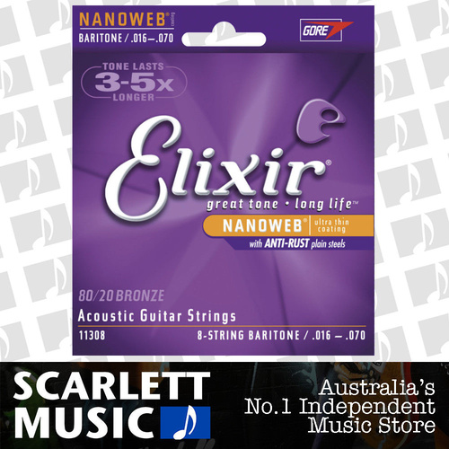 Elixir 11308 Nanoweb 80-20 Bronze 8-String Baritone Acoustic Guitar Strings