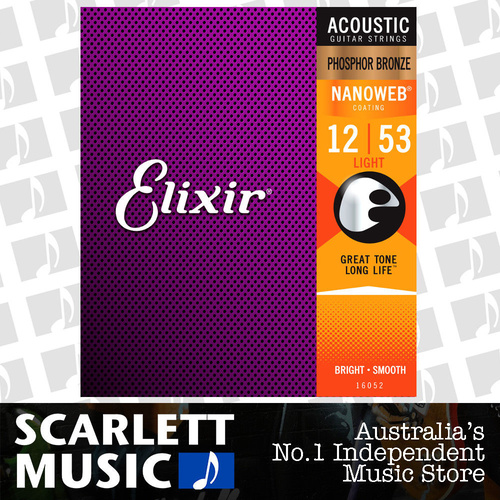 Elixir 16052 Nanoweb Phosphor Bronze Light 12-53 Acoustic Guitar Strings
