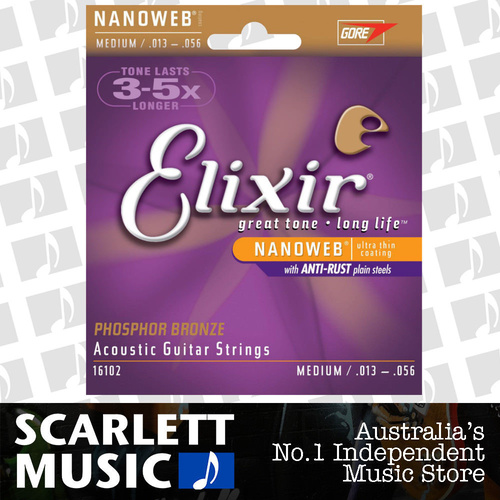 Elixir 16102 Acoustic Guitar Strings Nanoweb Medium 13-56 Phosphor Bronze