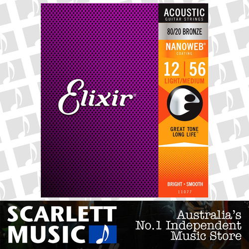 Elixir 11077 Acoustic Guitar Strings Nanoweb Light-Medium 12-56 80-20 A-NW-LM