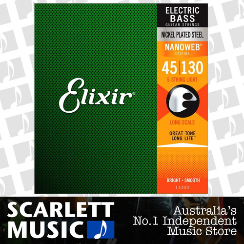 Elixir 14202 Nanoweb 5-String Electric Bass Guitar Strings-Light Gauge 45-130