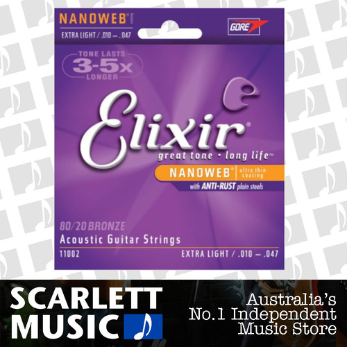 Elixir 10-47 Extra Light 80-20 Acoustic Guitar Strings Nanoweb 11002 A-NW-XL