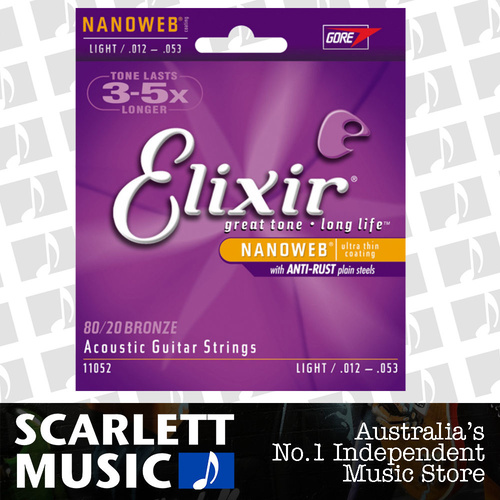 Elixir 12-53 Light 80-20 11052 Coated Acoustic Guitar Strings Nanoweb A-NW-L