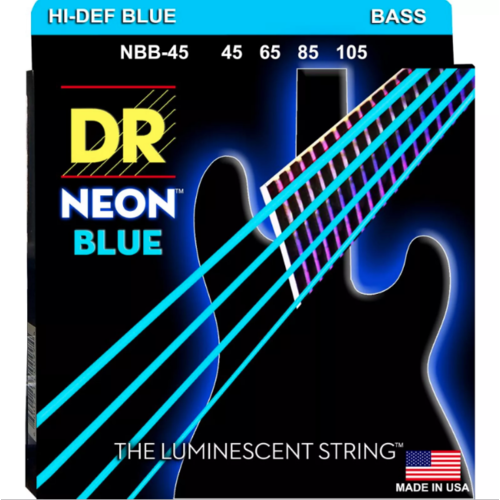 DR Strings Hi-Def Coated NEON Blue Light Electric Bass Guitar Strings 40-100