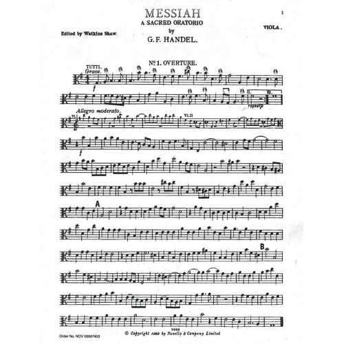 Handel Messiah (Shaw) Viola Part by Watkins Shaw - Novello Publisher, 1 Page