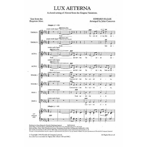 Elgar - Lux Aeterna SSAATTBB A Cappella Choral Score, Novello, 1 Page