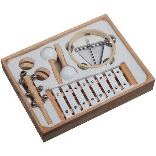 Opus Percussion 6-Piece Wooden Rhythm Set with Tambourine, Castanets, Triangle, Maracas, Bell Set, and Jingle Bell