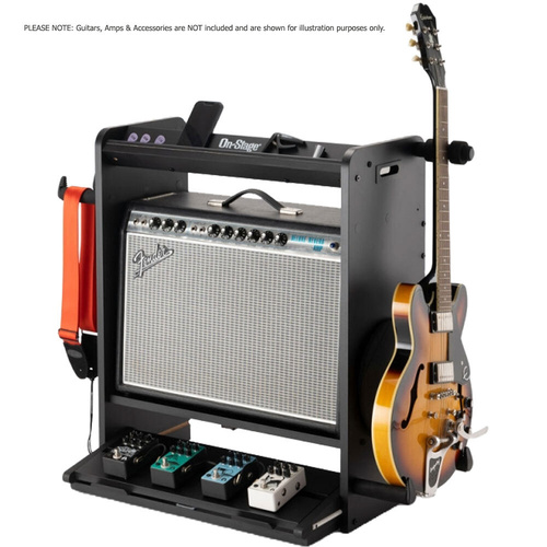 On Stage GWS5000B Professional Guitar Workstation, Black - Amp Stand, Guitar Stand, Pedalboard, Accessory Tray, Organizes Gear