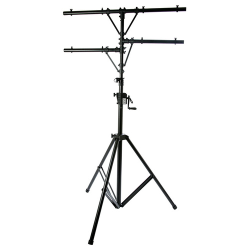 On Stage Lighting Stand with Power Crank, 80 lbs Capacity, Adjustable Height 56"-138", 48" T-Bar for 4 Par Cans, Steel, Black Finish