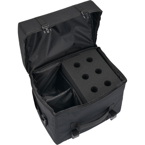 On Stage 6-Space Microphone Bag with Cable Compartment - Holds 6 Mics, Nylon Foam, Black, 15" x 11.5" x 10", Adjustable Strap, Side Handle