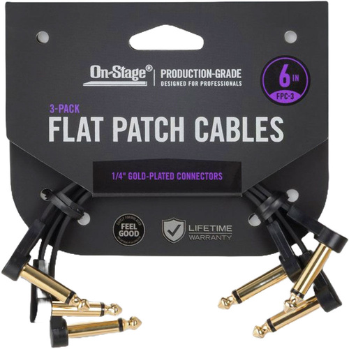 On Stage 6" Flat Patch Cables (3-Pack) - FX Pedal, Oxygen-Free Copper, Gold-Plated Connectors, Spiral Shielding, Right Angle Connectors