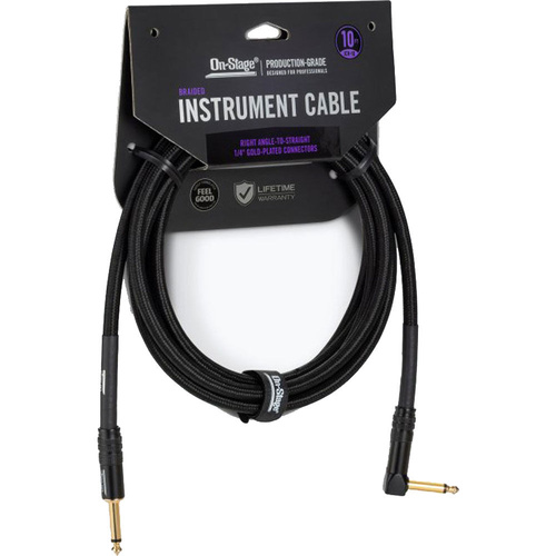 On Stage 10ft Braided Instrument Cable 1/4" Straight to Right Angle Gold-Plated Connectors