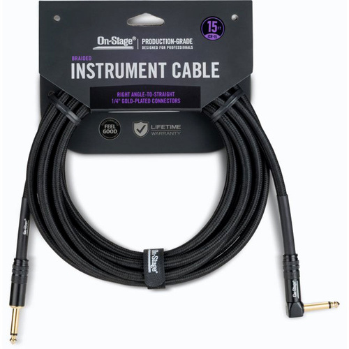 On Stage 15ft Braided Instrument Cable - 1/4" Straight to Right Angle, Gold-Plated Connectors, Double Shielded, Oxygen-Free Copper