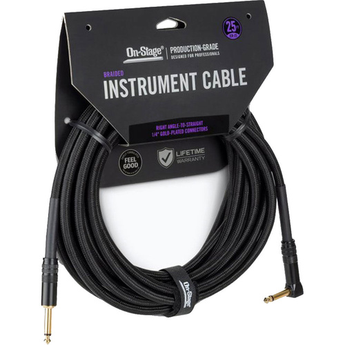 On Stage 25ft Braided Instrument Cable 1/4" Straight to Right Angle, Gold-Plated Connectors, Double Shielded, Oxygen-Free Copper