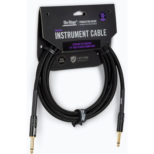 On Stage 10ft Braided Instrument Cable with Gold-Plated Connectors (1/4" Straight - 1/4" Straight)