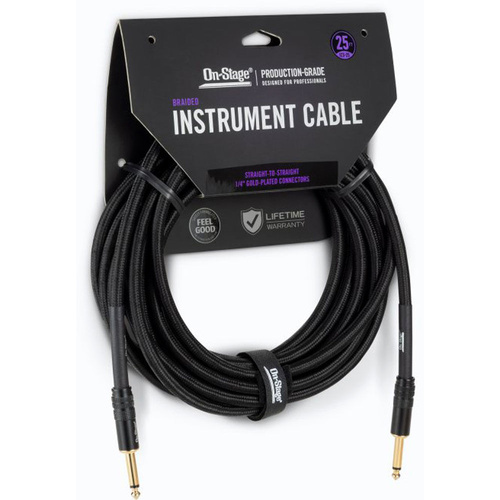 On Stage 25ft Braided Instrument Cable - 1/4" Straight Connectors, Gold-Plated, Double Shielded, Oxygen-Free Copper, Tangle-Free Design