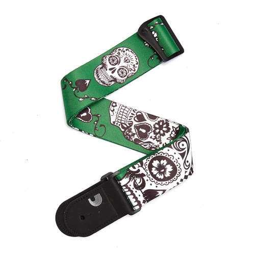 2 Inch Woven Guitar Strap, Sugar Skulls - Green, by D'Addario
