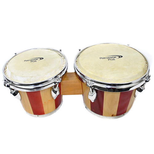 Percussion Plus 6 & 7" Wooden Bongos Two-Tone Gloss Natural Finish with Natural Hide Heads and Chrome Hardware