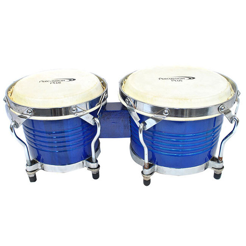 Percussion Plus Deluxe 7.5 & 8.5" Wooden Bongos Gloss Blue Lacquer Finish