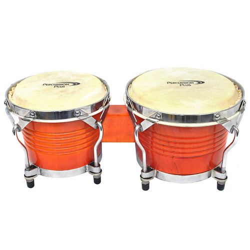 Percussion Plus Deluxe Wooden Bongos 7.5" & 8.5" Natural Hide Heads Gloss Natural Lacquer Finish