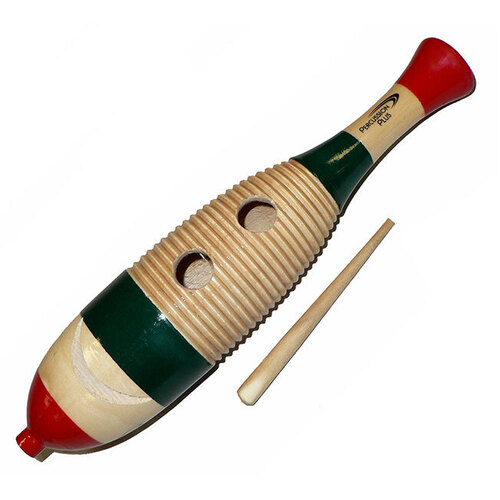 Percussion Plus Large Wooden Fish Shape Guiro - 3-Tone Green/Red/Natural Finish, 38cm Length, 7.4cm Diameter, Includes Wooden Striker