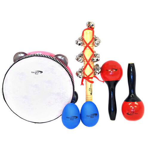 Percussion Plus 4-Piece Percussion Set with Carry Bag, Tambourine, Egg Shakers, Mini Maracas, and Jingle Bell