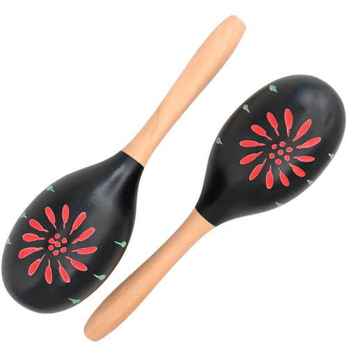 Percussion Plus Wooden Maracas - Black & Patterned Finish, 23.5cm Length, 8cm Head Diameter, Sold as a Pair
