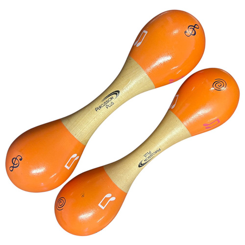 Percussion Plus Double-ended Wooden Maracas - Light Orange & Natural Finish, 18.5cm Length, 5cm Head Diameter, Sold as Pair