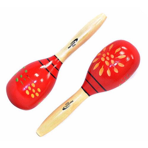 Percussion Plus Wooden Maracas Red & Patterned Finish, 23.5cm Length, 7.1cm Head Diameter, Sold as Pair