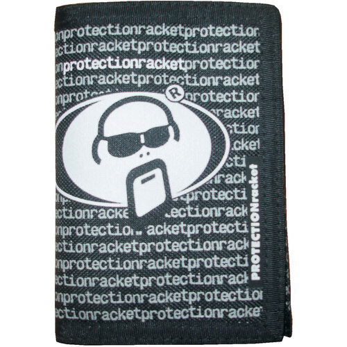 Protection Racket Black Wallet with Black & White Logo, Velcro Closure, 3 Card Compartments, Zipped Pocket, 14cm x 9cm x 3cm
