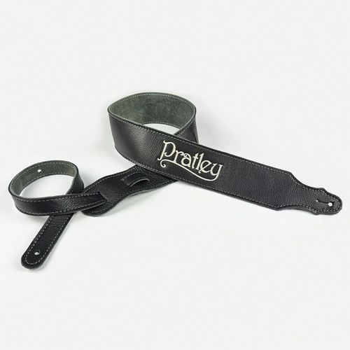 Pratley 2.5" Black Leather Guitar Strap with Suede Backing and Embroidered Logo [PRATSTRAP-BK]