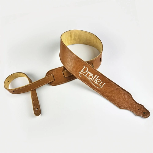 Pratley 2.5" Caramel Leather Guitar Strap with Suede Backing and Embroidered Logo [PRATSTRAP-CA]