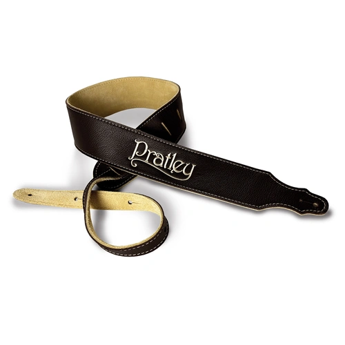 Pratley 2.5" Chocolate Leather Guitar Strap with Suede Backing and Embroidered Logo [PRATSTRAP-CH]