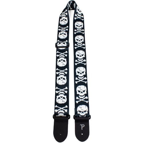 Perris 2" Polyester Skull & Cross Bones Guitar Strap with Leather Ends, Adjustable 39" to 58"