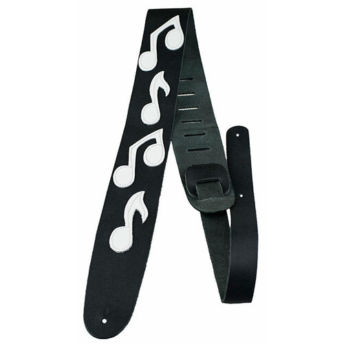 Perris 2.5" Black Leather Guitar Strap with White Music Notes, Adjustable 44.5" to 53"