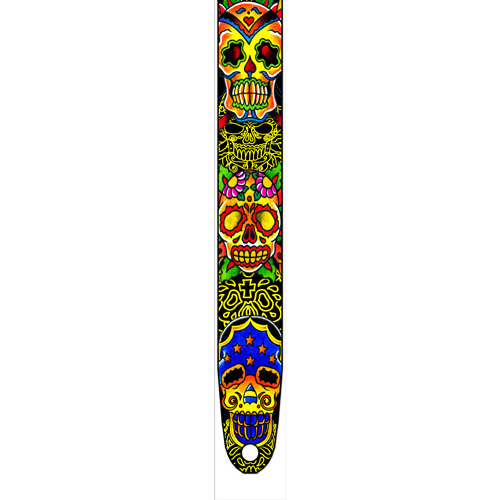 Perris 2.5" Leather Tattoo Johnny Guitar Strap with Masked Skulls, Adjustable 44.5" to 53"