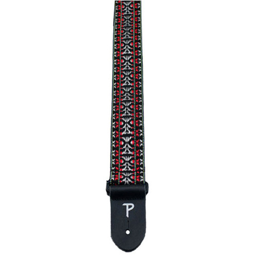 Perris 2" Poly Pro Hootenanny Guitar Strap with Leather Ends, Adjustable 39"-58" Length, Light Grey & Red Patterned Fabric