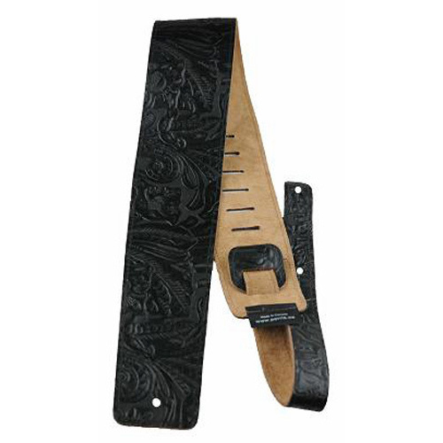 Perris 3.5" Black Embossed Western Flower Leather Guitar Strap