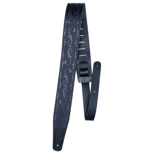 Perris 2.5" Black Belt Leather Guitar Strap with Embossed Scroll Design, Adjustable 44.5" to 53", Made in Canada