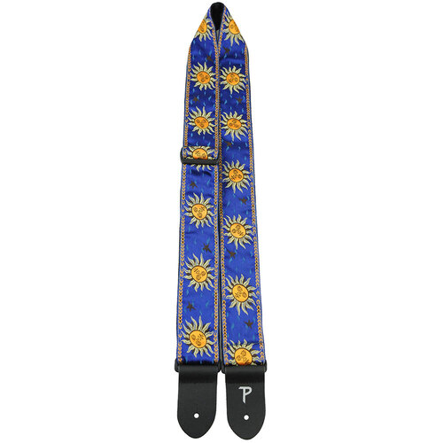 Perris 2" Jacquard Guitar Strap - Suns on Royal Blue Design with Leather Ends, Adjustable 39" to 58"