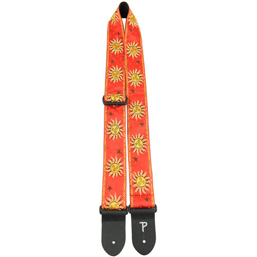 Perris 2" Jacquard Guitar Strap Suns on Red Design with Leather Ends, Adjustable 39" to 58"