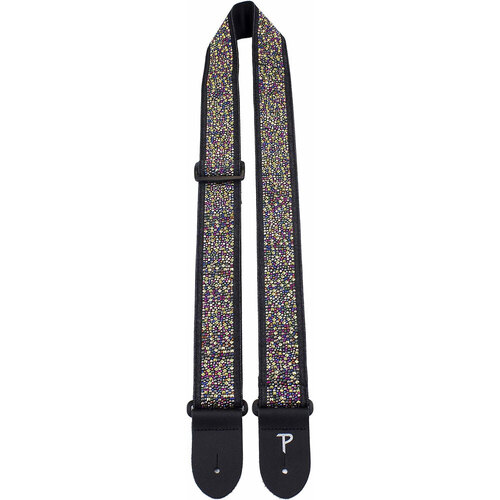 Perris 2.5" Jacquard Guitar Strap with Multi-Colour Rhinestones, Adjustable 39"-58", Black Design, High Quality with Leather Ends