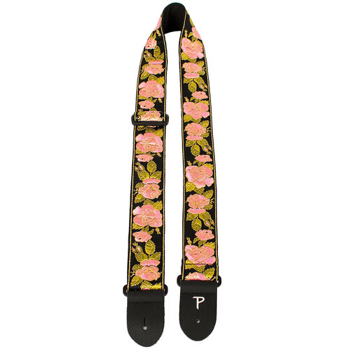 Perris 2" Jacquard Guitar Strap Pink Flowers on Black Design Leather Ends Adjustable 39" to 58"