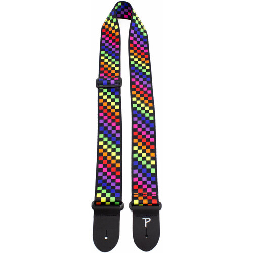 Perris 2" Polyester Rainbow Checkered Guitar Strap with Leather Ends, Adjustable 39" to 58"