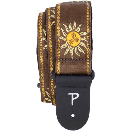 Perris 2" Jacquard Guitar Strap - Suns on Brown Design with Leather Ends, Adjustable 39" to 58"